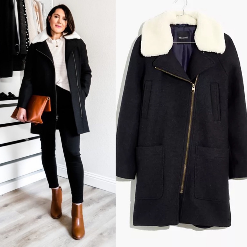 Madewell Black Peacoat with Cream Faux Fur Collar